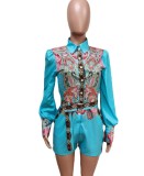 Autumn Floral Long Sleeve Blue Blouse and Matching Shorts Set
