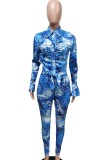Autumn Plus Size Blue Long Sleeve Blouse and Skinny Pants Set