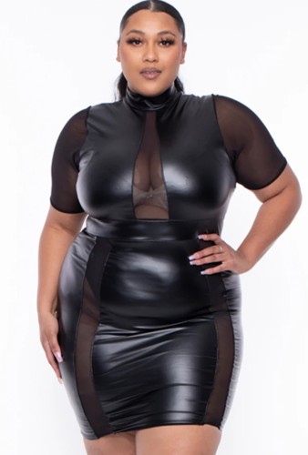 Summer Sexy Plus Size See Through Short Sleeve High Neck Leather Dress
