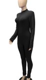 Autumn Casual Black Zipper Up Collar Long Sleeve with Letter Print Jumpsuit