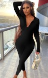 Autumn Casual Black Zipper Up Collar Long Sleeve with Letter Print Jumpsuit