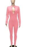 Autumn Casual Pink Zipper Up Collar Long Sleeve with Letter Print Jumpsuit