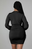 Autumn Sexy Black Deep V-Neck Ruffles Long Sleeve Bodycon Dress