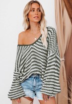 Autumn Casual Green Stripes V-neck Long Sleeve Sweater
