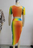 Summer Multicolor Knotted Crop Top and Irregular Maxi Skirt Set