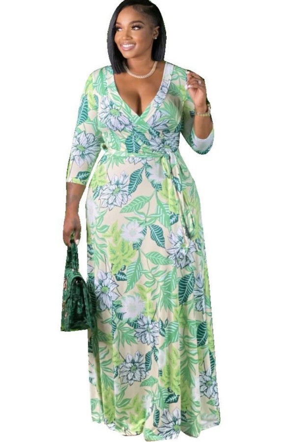 Summer Plus Size Floral 3/4 Sleeve Wrap Long Maxi Dress