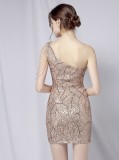 Summer Elegant Champaign Sequins One Shoulder Formal Party Dress