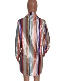 Autumn Stripe Print Collar open Up Long sleeve Loose Shirt Blouse