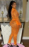 Autumn Sexy Orange See Through Lace Long Sleeve Bodysuit and Pants Set