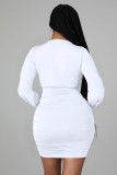 Autumn Sexy White Deep V-Neck Ruffles Long Sleeve Bodycon Dress
