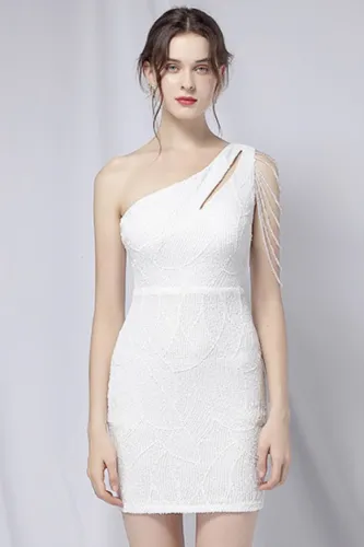 Summer Elegant White Sequins One Shoulder Formal Party Dress