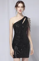 Summer Elegant Black Sequins One Shoulder Formal Party Dress