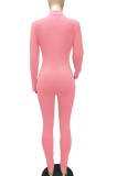 Autumn Casual Pink Zipper Up Collar Long Sleeve with Letter Print Jumpsuit