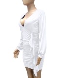 Autumn Sexy White Deep V-Neck Ruffles Long Sleeve Bodycon Dress
