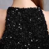 Summer Elegant Black Sequins Sleeveless Halter Split Evening Dress