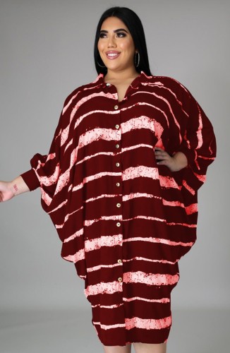 Autumn Plus Size Red Striped Batwing Sleeve Button Up Loose Dress