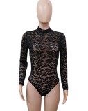Autumn Sexy Black See Through Lace Long Sleeve Bodysuit and Pants Set