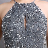 Summer Elegant Gray Sequins Sleeveless Halter Split Evening Dress