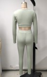 Autumn Green V-neck Long sleeve Crop Top and Pant 2 piece set