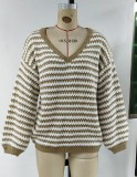 Autumn Casual Kahaki Stripes V-neck Long Sleeve Sweater