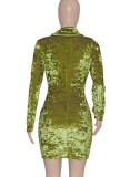 Autumn Sexy Green Botton-Open Collar Long Sleeve Bodycon Dress