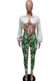 Autumn Sexy White Puff Sleeve Crop Top and Print Legging Set