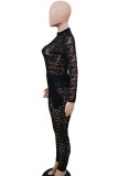 Autumn Sexy Black See Through Lace Long Sleeve Bodysuit and Pants Set