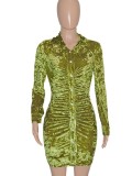 Autumn Sexy Green Botton-Open Collar Long Sleeve Bodycon Dress