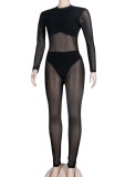 Summer Sexy Black See Through Mesh Long Sleeve Jumpsuit