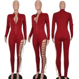 Autumn Sexy Red Zipper Up  Long Sleeve with Chain Hollow out Jumpsuit