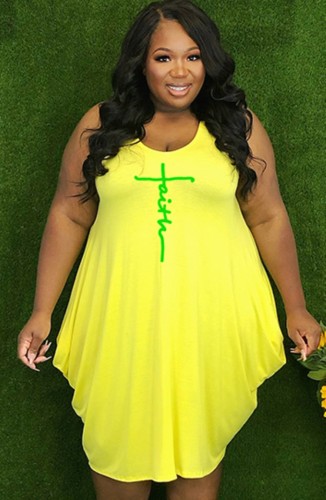 Summer Plus Size Yellow U Neck Sleeveless Loose Casual Dress