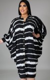 Autumn Plus Size Black Striped Batwing Sleeve Button Up Loose Dress