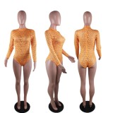 Autumn Sexy Orange See Through Lace Long Sleeve Bodysuit and Pants Set