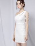 Summer Elegant White Sequins One Shoulder Formal Party Dress