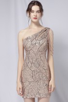 Summer Elegant Champaign Sequins One Shoulder Formal Party Dress