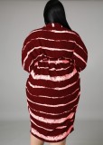 Autumn Plus Size Red Striped Batwing Sleeve Button Up Loose Dress