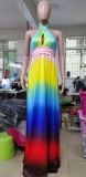 Summer Sexy Rainbow Color Cross Halter Sleeveless Maxi Dress