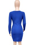 Autumn Blue V-Neck Wrap Hem Sexy Long Sleeve Party Dress