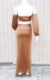 Autumn Sexy Bandeau Top and Irregular Long Skirt Set Brown