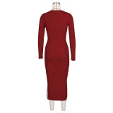 Autumn Red Lace Up Irregular Long Party Dress with Full Sleeves