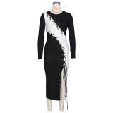 Autumn White and Black Lace Up Irregular Long Party Dress with Full Sleeves