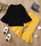 Baby Girl Autumn Print Black Shirt and Yellow Bell Pants Set