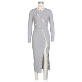 Autumn Grey Lace Up Irregular Long Party Dress with Full Sleeves
