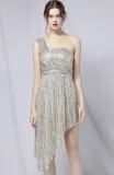 Summer Formal Silver Sequin One Shoulder Irregular Cocktail Dress