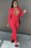 Autumn Sexy Zipped Front Stacked Bodycon Jumpsuit Red