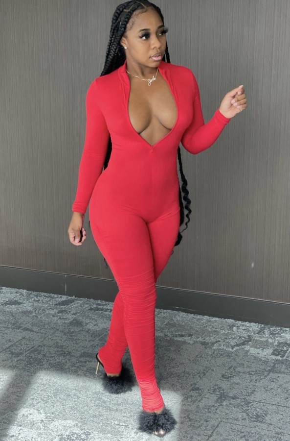 Autumn Sexy Zipped Front Stacked Bodycon Jumpsuit Red