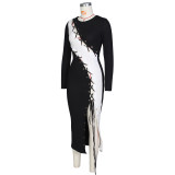 Autumn White and Black Lace Up Irregular Long Party Dress with Full Sleeves
