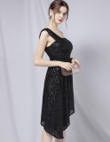 Summer Formal Black Sequin One Shoulder Irregular Cocktail Dress