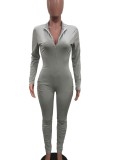 Autumn Sexy Zipped Front Stacked Bodycon Jumpsuit Grey