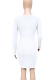 Autumn White V-Neck Wrap Hem Sexy Long Sleeve Party Dress